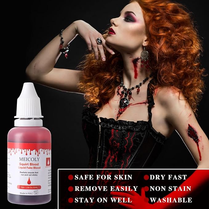 MEICOLY 2.1oz Halloween Fake Blood Makeup- Realistic Sangre Falsa Washable Edible Liquid with 0.7oz Cleaning Soap - Squirt Blood for Clothes,Zombie Vampire Monster,SFX Cut Flesh Wound Makeup - Bright