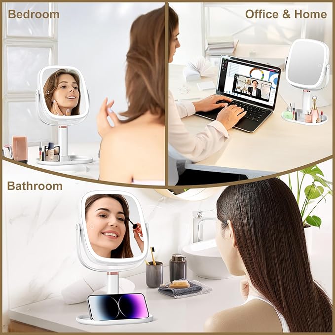 Mocado Makeup Mirror with Lights, 1X/20X Magnifying Mirror with Light, Vanity Mirror with 3 Colors Lights, Height Adjustable Lighted Makeup Mirror, Double Sided 360°Rotation, Memory Function (White)