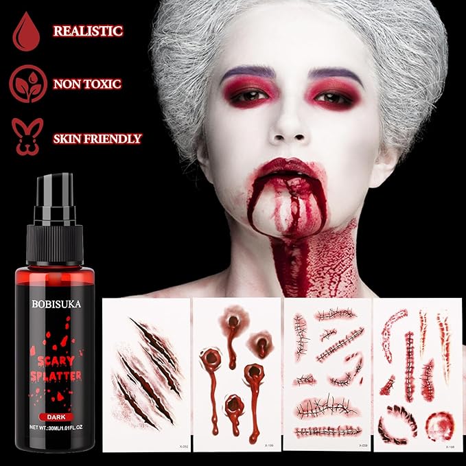 Halloween Makeup Kit - Dark Fake Blood Spray + 4 Sheet Temporary Scars Wounds Tattoos , Realistic Dark Blood Splatter Non-Toxic Washable for Zombie, Clown, Vampire Cosplay, Costume, Stage, SFX Make Up
