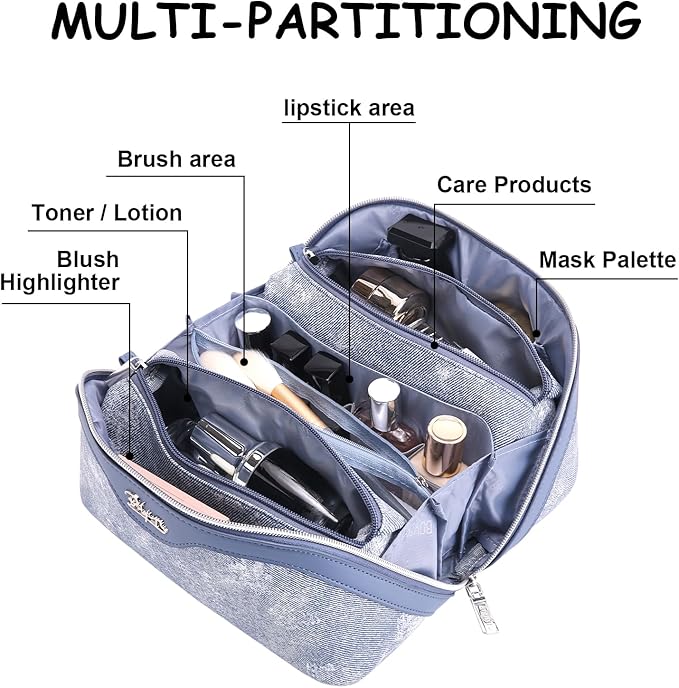 Travel Makeup Bag Cosmetic Bags for Women: 3 Sets Large Capacity Make up Bag - Portable Toiletry Bags with Handle for Women(05-Blue)