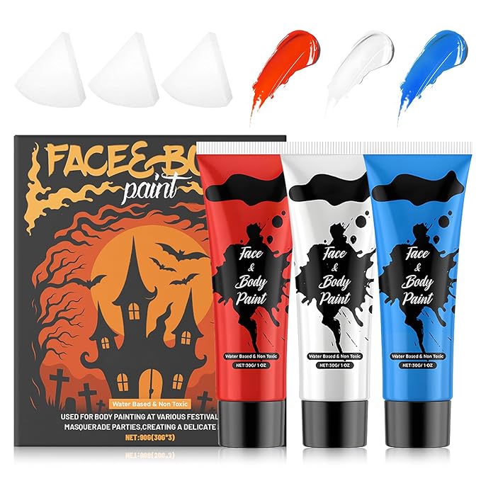 Face Body Paint, Pinturas Para Halloween Full-coverage Multi-Color Cream Makeup Body Paint for Adult Halloween Cosplay SFX Makeup Paint Halloween Cosplay Costume Party, Red+white+Blue 30g*3
