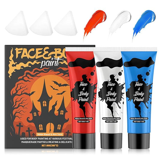 Face Body Paint, Pinturas Para Halloween Full-coverage Multi-Color Cream Makeup Body Paint for Adult Halloween Cosplay SFX Makeup Paint Halloween Cosplay Costume Party, Red+white+Blue 30g*3
