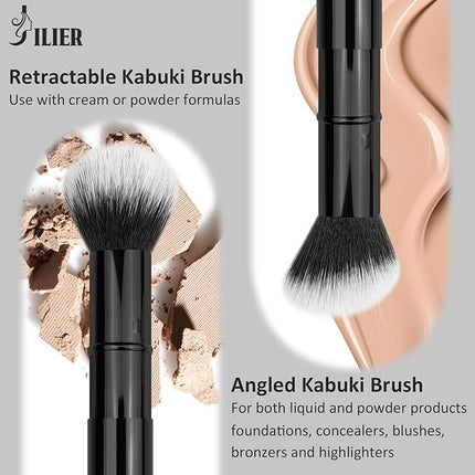 JILIER Makeup Brush Kabuki Face Brushes Retractable Travel Blush Kabuki Brush Portable for Foundation, Powder, Blush, Bronzer, Buffing, Liquid, Cream, Cruelty-Free with Cover