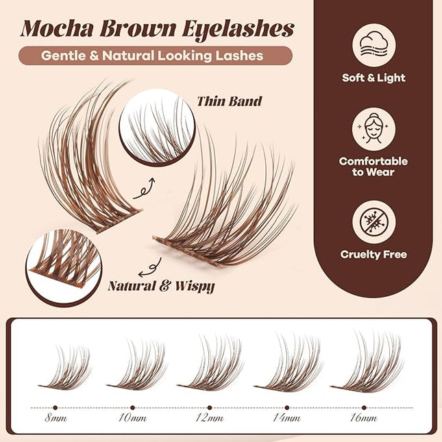 B&Q Brown Lash Clusters Natural Lash Clusters for Light Hair, Reusable MochaLash Cluster Eyelash Extensions Soft Brown False Eyelashes Comfortable Eyelash Clusters Perfect for Occasions（MochaLash 01）
