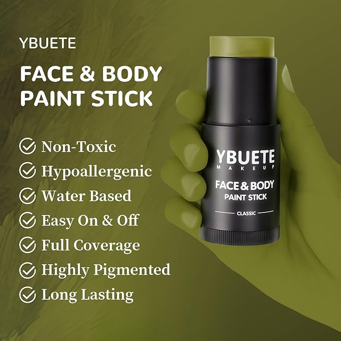 Ogre Green Face Body Painting Stick, Professional Green Full-coverage Cream Face Paint for Hunting Camo Halloween SFX Witch Shrek Cosplay Makeup, Washable Body Paint for Adult Carnival