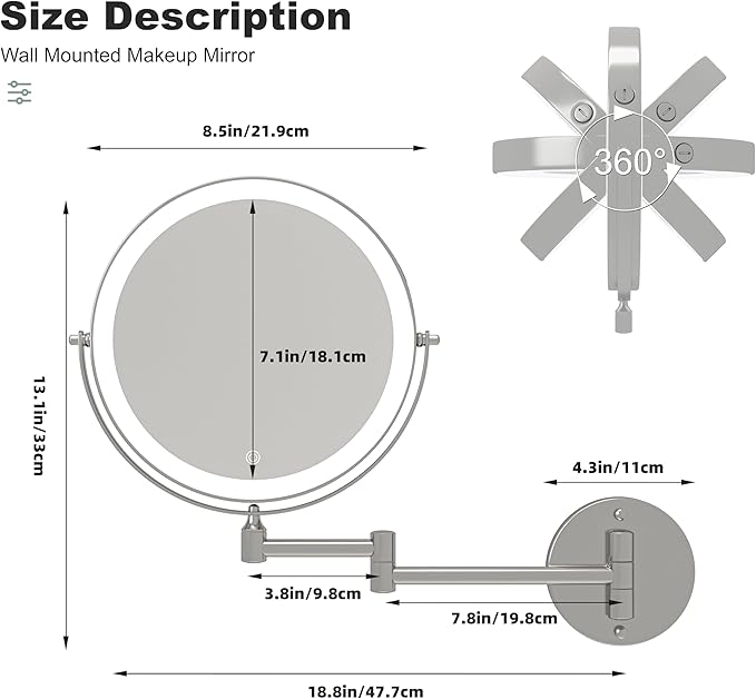 Hasipu 8.5-Inch Wall Mounted Makeup Mirror with Magnification, Rechargeable 2000 mAh Vanity Mirror with Lights, Bathroom Mirror with Dimmable Brightness, 3 Lighting Modes, Extendable Arm, Chrome