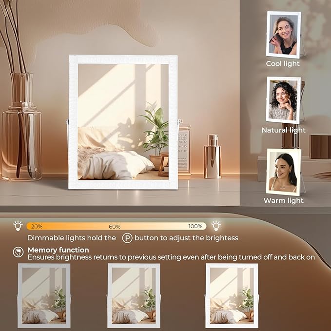 Vanity Mirror with Lights,RGB & 3 Dimmable Light Modes Makeup Mirror with Touch Control,Light Up Mirror for Desk,360°Rotation,12.4x10 Inch