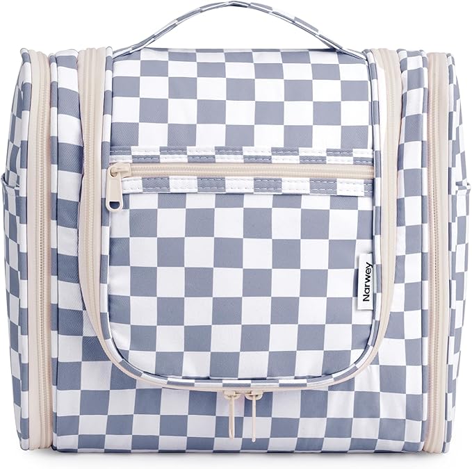 Narwey Checked Hanging Travel Toiletry Bag for Women, Travel Bag for Toiletries, Makeup Bag Organizer Cosmetic Bags Make Up Bags for Women (Grayish Blue Checkerboard)