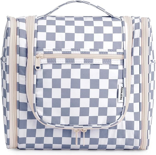 Narwey Checked Hanging Travel Toiletry Bag for Women, Travel Bag for Toiletries, Makeup Bag Organizer Cosmetic Bags Make Up Bags for Women (Grayish Blue Checkerboard)