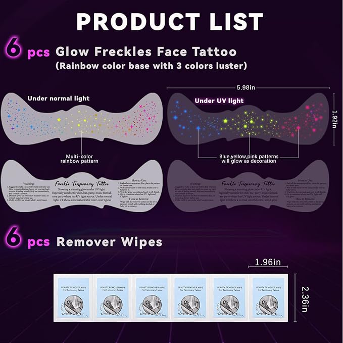 6pcs Rainbow Freckles Face Tattoo Sticker Glow under UV Light Blacklight in the Dark, Neon Fluorescent Glitter Colorful Star Fake Faux Freckle Temporary Patches Makeup for Party Supplies #02