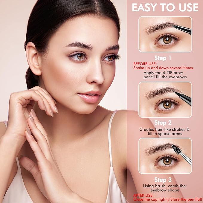 Eyebrow Pen,2-in-1 Waterproof Eyebrow Pencil with 4 Tip Microblading Brow Pen and Ultra-Precise Brow Pencil,with Dual-ended Eyebrow Brush,Eyebrow Makeup for Natural Looking - Black