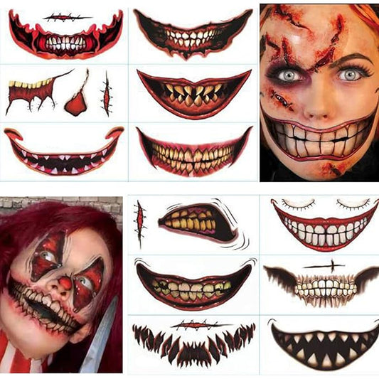 Halloween Prank Makeup Temporary Tattoo, Halloween Face Tattoos Scary Big Mouth Temporary Tattoo for Adults Kids (12 Pcs)
