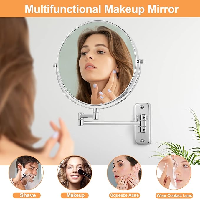 9" Magnifying Wall Mount Makeup Vanity Mirror,1x/7x Double-Side Makeup Mirror with Magnification,Swivel Extendable Shaving Face Mirror for Bathroom, Wall Mirror for Chrome