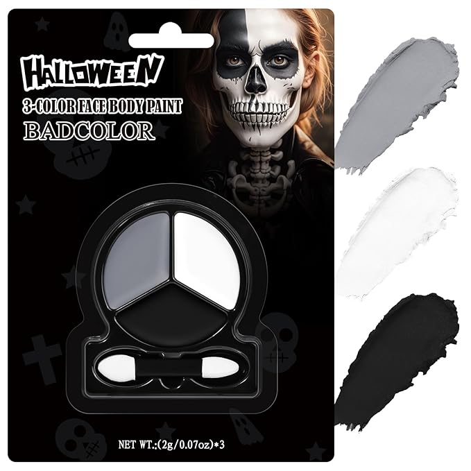 Black White Grey Face Body Paint with Applicator, Oil Based Face Painting Kit for Halloween Skeleton, Skull, Gothic Makeup, Costume Parties, Dress Up, Cosplay, Stage & Special FX Makeup - Travel Size