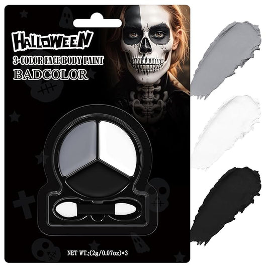 Black White Grey Face Body Paint with Applicator, Oil Based Face Painting Kit for Halloween Skeleton, Skull, Gothic Makeup, Costume Parties, Dress Up, Cosplay, Stage & Special FX Makeup - Travel Size