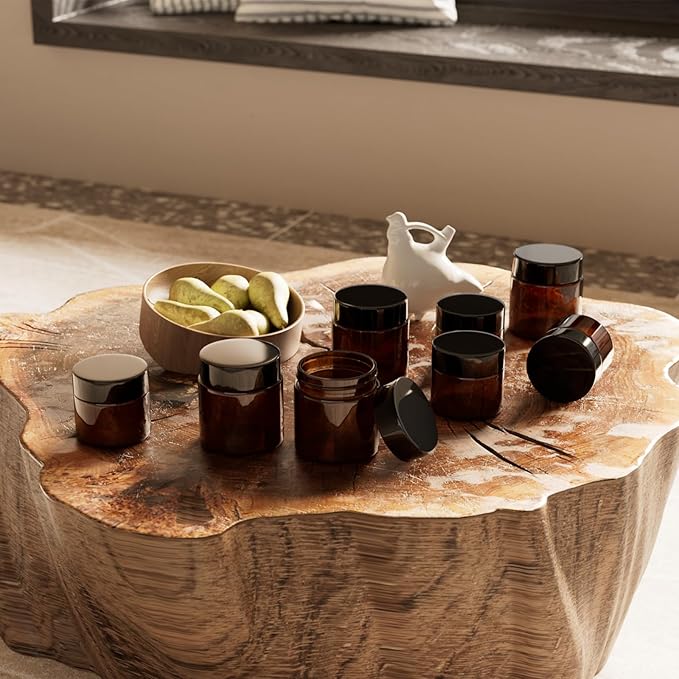 50Pcs(25×4oz + 25×2oz)Amber Glass Jars with Glossy Black & White Inner Lid Liners Airtight Small Glass Containers for Spices Candles Ointments DIY Crafts Travel Toiletries (4oz & 2oz Bundle)