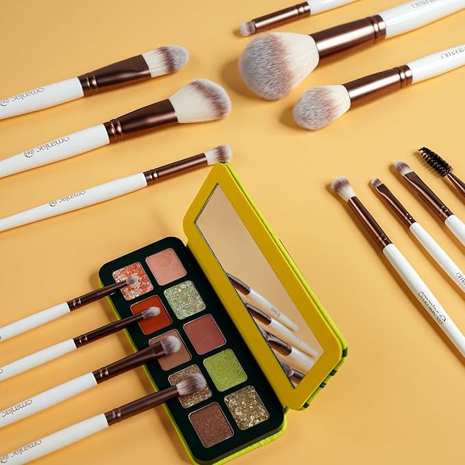 OMANIAC Makeup Brush Set Professional, 20Pcs Pearlescent Wood Handle Makeup Brushes, Premium Cruelty-Free Synthetic Fiber Hair, Travel Make up Brushes Set with Case (White)