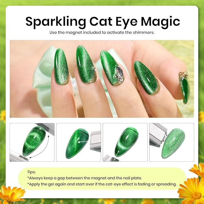 Beetles Green Halloween Gel Nail Polish Set, Fall Gel Polish Nail Kit 6 Colors Yellow Glitter Cat Eye Jelly with Cat Eye Magnet Gifts for Women DIY Manicure Art Summer Beats