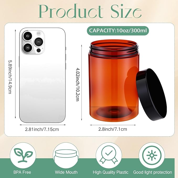 Patelai 4 Pieces Round Wide-mouth Leak Proof Plastic Container Jars with Lids for Travel Storage Makeup Beauty Products Face Creams Oils Salves Ointments DIY Making(10 Ounce,Amber)