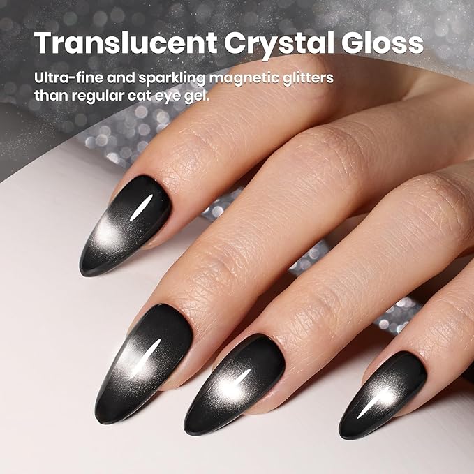 Beetles Black Cat Eye Gel Polish, 15ML Black Glass Cat Eye Glitter Gel Polish with Magnet Shimmer Translucent Sheer Color Soak Off UV Midnight Sands Series French Nail Art Dsign Gift for Women