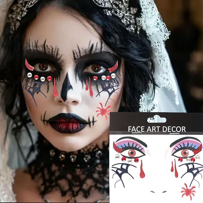 3 Pcs Halloween Face Stickers for Women, Day of the Dead Rhinestone Face Jewels Terrible Bloodstain and Spider Webs Face Gems Jewels,Glitter Face Tattoo Stickers for Halloween Rave Party Cosplay