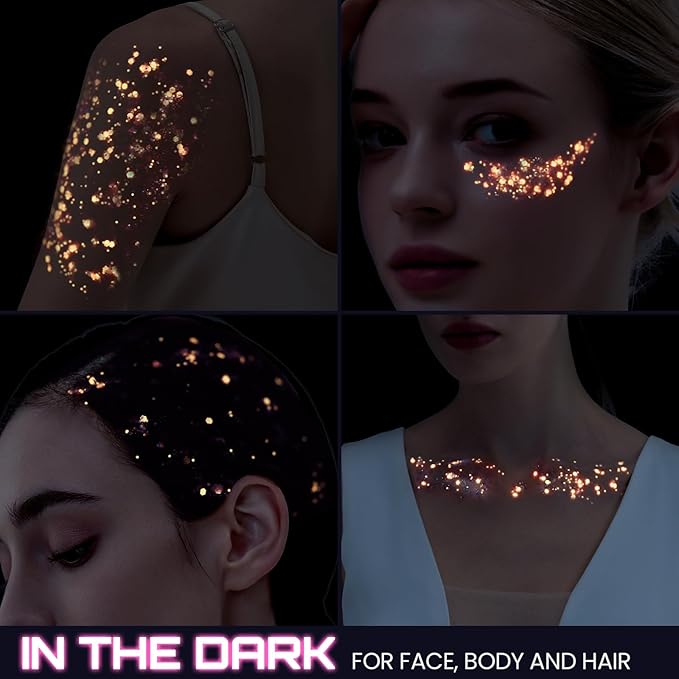 Teenitor Pink Glitter Glow in The Dark Glitter Gel, Pink Face Glitter Gel, Body Glitter Hair Glitter for UV Black Light Glow Party Raves Concerts