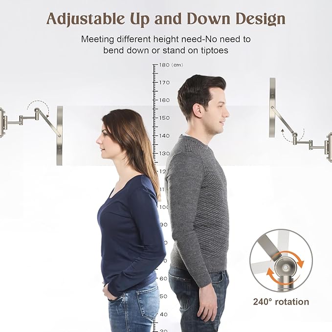 9" Wall Mounted Makeup Lighted Mirror, 4000mAh Rechargeable Double Sided LED Vanity Mirror with Height Adjustable&1X/10X Magnification, 3 Color Lights Bathroom Mirror (9INCH-Nickel)