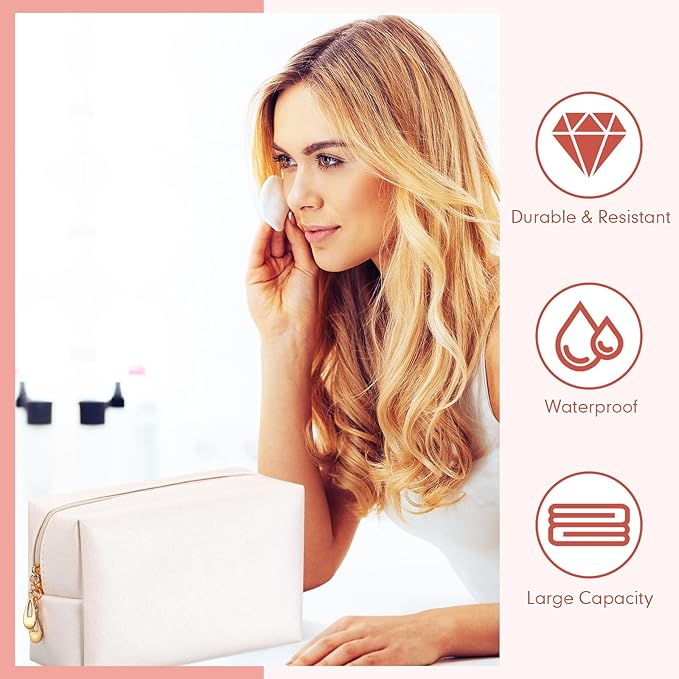 Cunno 50 Pcs Makeup Bag Bulk PU Leather DIY Cosmetic Plain Preppy Makeup Pouch Portable Waterproof Toiletry Bags for Women Travel Pencil Case Cosmetic Organizer, Ivory White