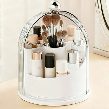 ONXE Makeup Brush Holder Organizer with Lid,360° Rotating Makeup Organizer Countertop,5 Compartments Make Up Brush Organizers for Makeup Brushes,Cosmetics,Skincare,Nail Polish,Toothbrush,Dustproof