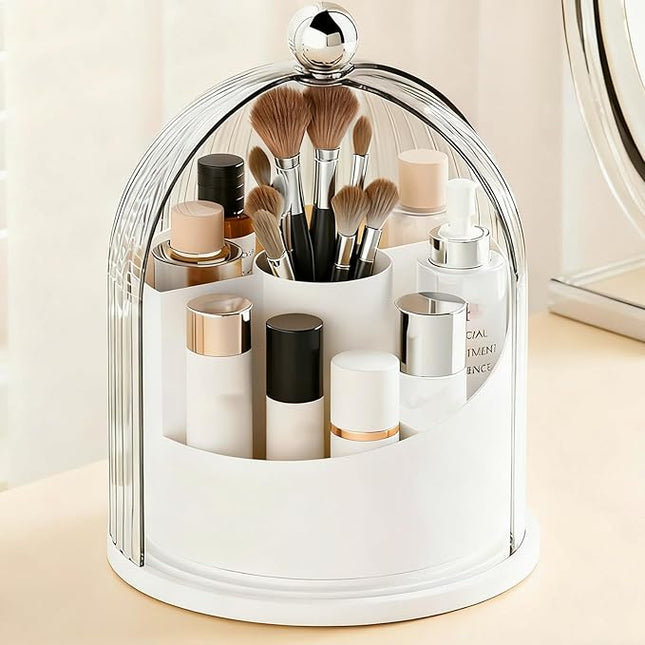 ONXE Makeup Brush Holder Organizer with Lid,360° Rotating Makeup Organizer Countertop,5 Compartments Make Up Brush Organizers for Makeup Brushes,Cosmetics,Skincare,Nail Polish,Toothbrush,Dustproof