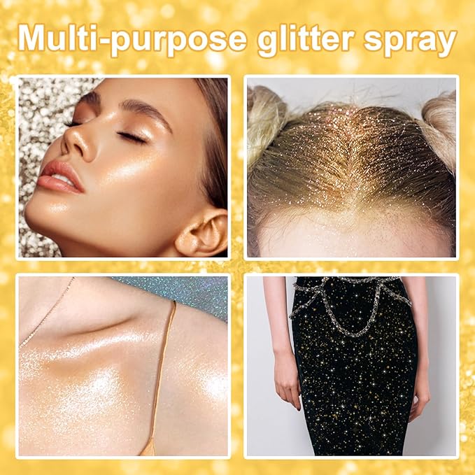 Hair and Body Glitter Spray, 1PC Gold Hair Glitter Extra Fine Face Shimmer Powder for Clothes, Festival Loose Sparkle Powder for Rave Clothes Nail Art Easter Halloween Crafts (Gold)
