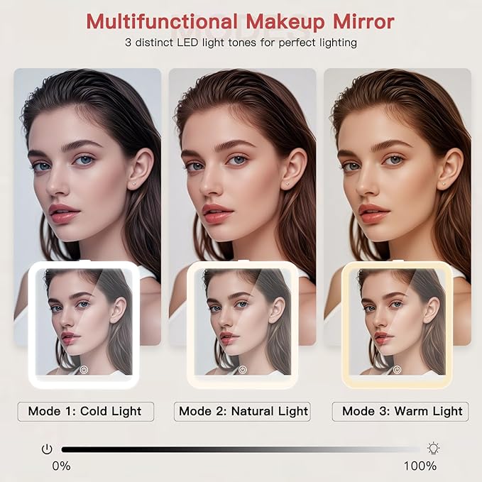 Travel Makeup Bag with LED Mirror, Cosmetic Bags for Women with Light up Mirror, Travel Essentials Makeup Organizer, Makeup Case with Adjustable Dividers and Brush Holder, 3 Color Lights