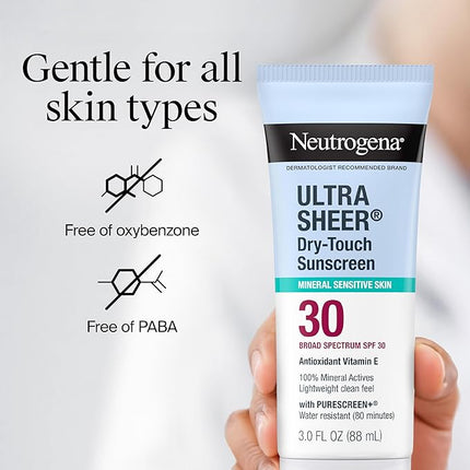 Neutrogena Ultra Sheer Dry-Touch Mineral Sunscreen For Face & Body, SPF 30 Broad-Spectrum UVA/UVB Protection, Titanium Dioxide & Zinc Oxide Sunscreen, Oxybenzone-Free, 3.0 fl. oz