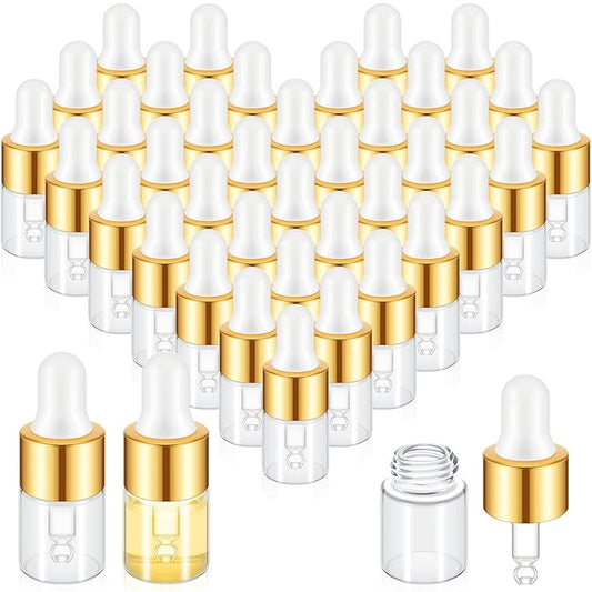 200 Pcs Mini Glass Oil Dropper Bottle Bulk, Clear Essential Small Empty Bottles Sample Containers Perfume Liquid Vials with Cap for Traveling (2 ml,Gold)