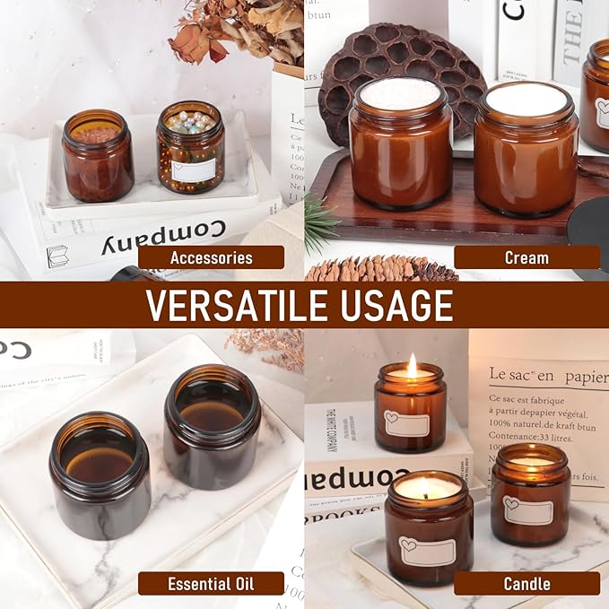 4oz Amber Glass Jars with Lids 2Pack, Small Salve Containers with Inner Seal for Creams, Candles,Accessories and DIY Lotions, White Stickers Included