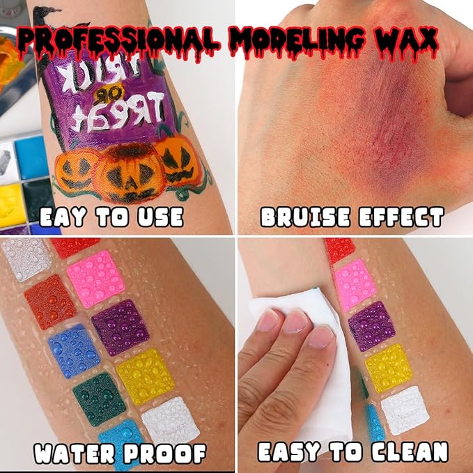Bowitzki Halloween Makeup Special Effects Oil Face Body Paint Fake Blood Scar Wax Charred Ash Powder with Sponges Brush Halloween Party SFX Cosplay