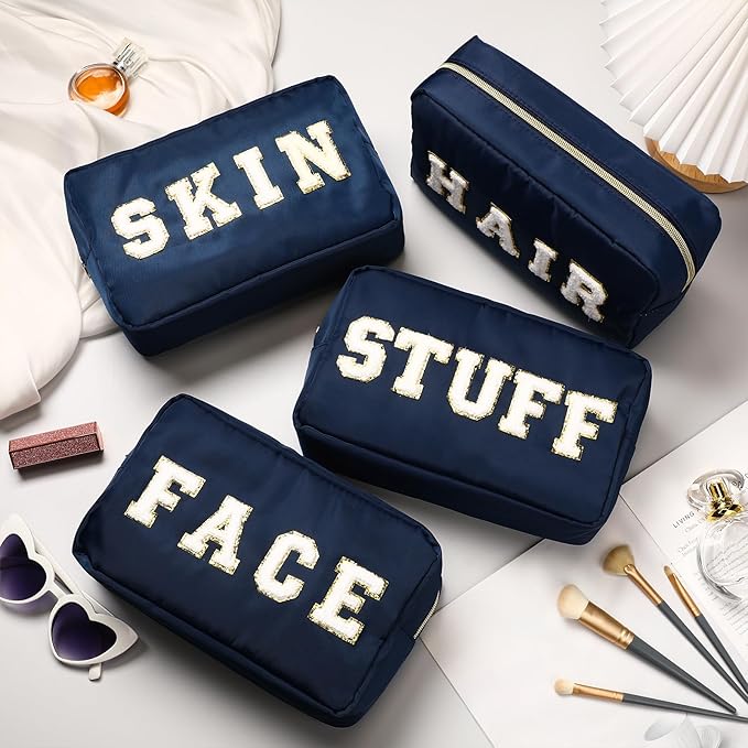 Cunno 4 Pcs Preppy Makeup Bags Chenille Letter Stuff Bag Nylon Cosmetic Pouch Cases with Zipper for Women Travel Toiletry