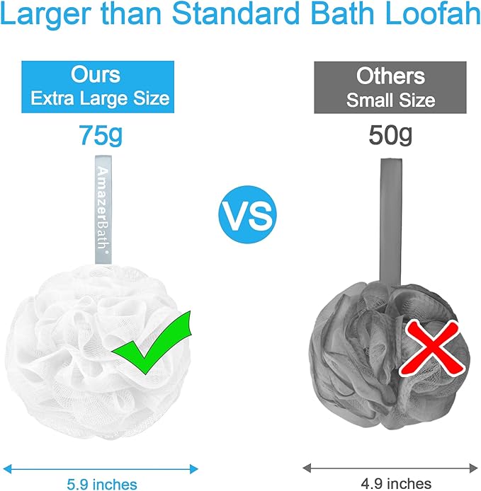 AmazerBath Loofah Sponge 75g/Piece, Exfoliating Bath Sponge Body Scrubber - Loofa Set of 4 - Snow White, Large