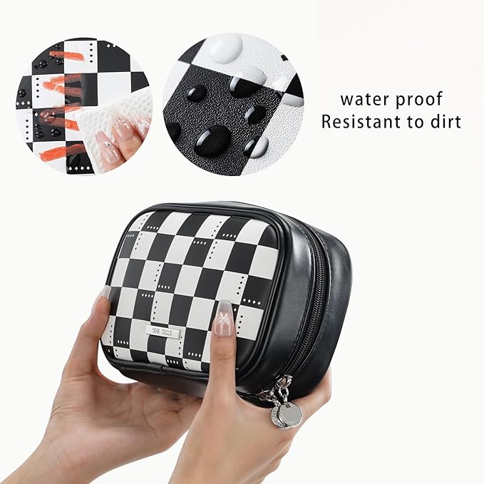 RIGHT AWAY Checkered Makeup Bag for Purse,Small Cosmetic Bag Organizer for Women, Travel Make Up Pouch Waterproof Toiletry Bag Cute Makeup Case for Travel Accessories(Black Checkerboard)