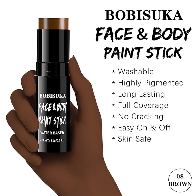 BOBISUKA Brown Face & Body Paint Stick Water-Based Washable Face Paint Makeup Stick for Halloween Skeleton, Skull, Devil, Demon, Fox, Hunting, Camo, Cosplay, SFX, Sports Eye Black & Costume Party