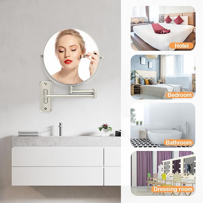 8" Wall Mount Magnifying Mirror, 1X/10X Double-Sided Makeup Mirror Wall Mounted with Extendable Folding Arm, 360° Rotation, Brushed Nickel, Perfect for Shaving & Makeup in Bathroom (No Light)