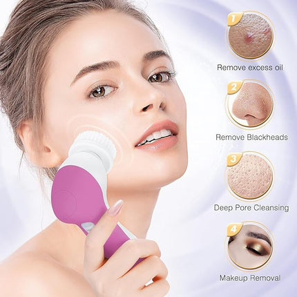 COSLUS Facial Cleansing Brush Silicone Face Scrubber: 2 in1 FBS-D Electric Exfoliating Device Waterproof Deep Cleaning Exfoliation Rotating Spa Machine - Electronic Skincare Wash Spinning System