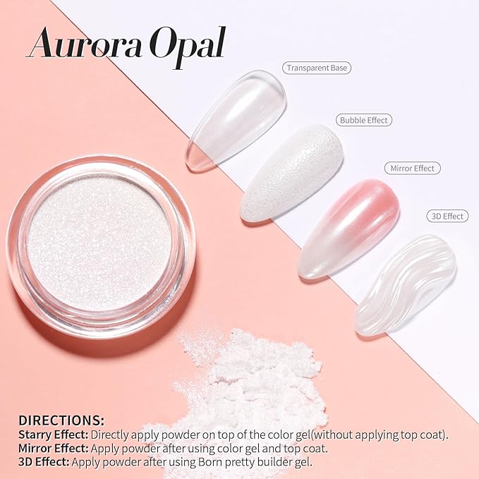 Born Pretty White Color Pearl Chrome Nail Powder Auroras Nail Powder Mirror Effect Pigment Mermaid Nail Glitter Powder for Nail Art Manicure Decoration