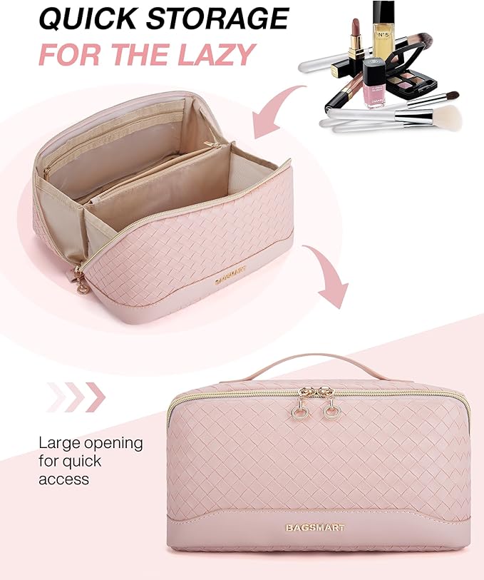 BAGSMART Makeup Bag, Travel Cosmetic Bag Organizer, PU Leather Water-Resistant Pouch, Open Flat Makeup Storage for Toiletries, Brushes, PU Leather Pink