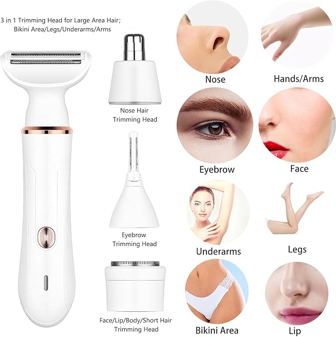 Electric Razor for Women,4-in-1 Women’s Facial Hair Removal for Face Nose Eyebrow Beard Mustache Arm Leg Armpit, Rechargeable 4 in 1 Womens Body Shavers Set
