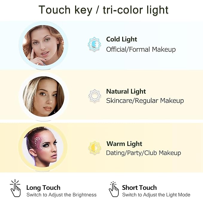 MIYADIVA 30X Magnifying Mirror with Light, Double Sided Makeup Mirror with Lights, Touch Switch Vanity Mirror with 3 Color, Adjustable Portable Travel Mirror