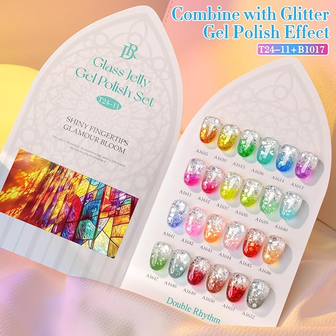 Double Rhythm 28Pcs 0.5Oz Gel Nail Polish Set Same Color Same Bottle Soak Off Gel Polish Kit Nail Art Manicure Salon DIY at Home for Women (Neon Jelly Sheer Collection-T24-11)