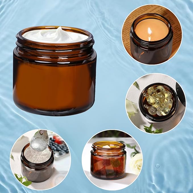 3 Pack Amber Small Glass Cosmetic Jars with Lids, 60 ml Empty Glass Makeup Containers for Sample, Cream, Lotion, Powder (2 OZ)