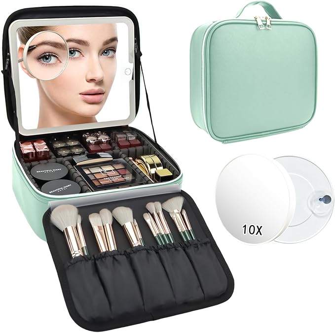 Travel Makeup Bag with LED Mirror and 10x magnifying glass with 3 Lighted Settings, Adjustable Dividers and Makeup Brush Storage Bag Light Green