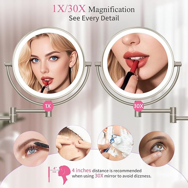 Wall Mounted Makeup Mirror with Lights, 30X/1X Double-Sided Magnifying, Plug-in Lighted Vanity Mirror with 3 Color Modes, Dimmable Brightness, 360° Swivel Extendable Arm for Bathroom & Grooming
